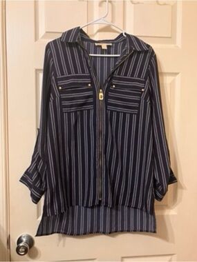 Striped Navy Zip-Front Button Shirt